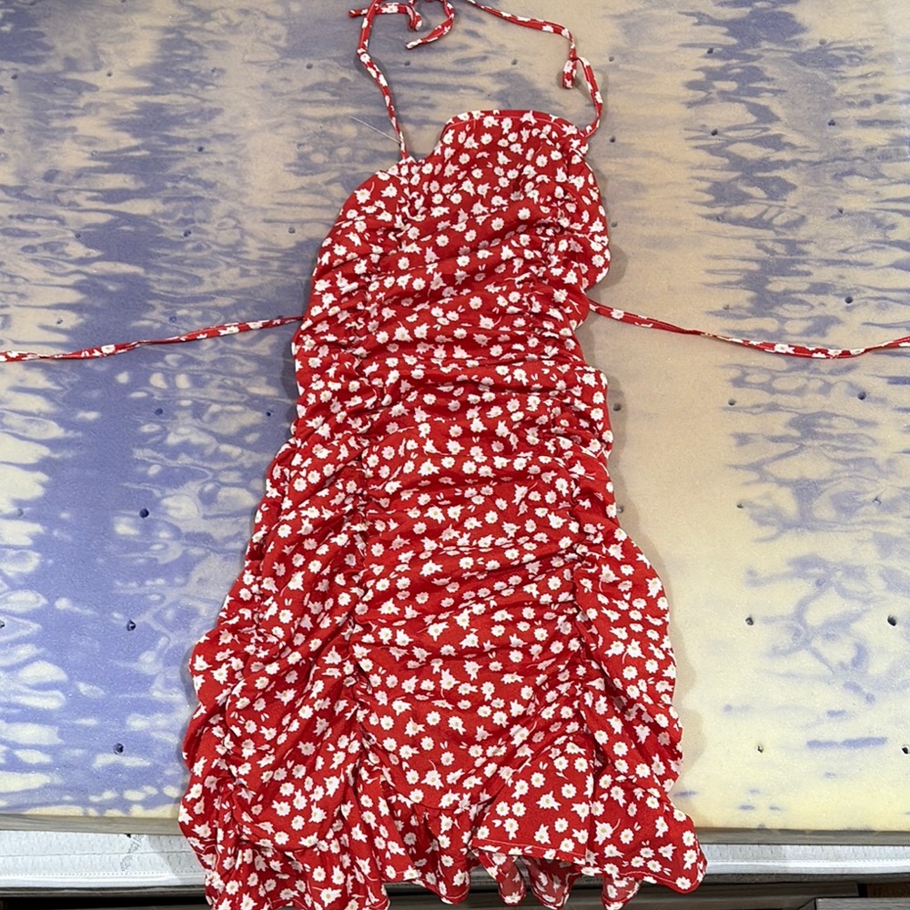 Red Floral Ruched Dress